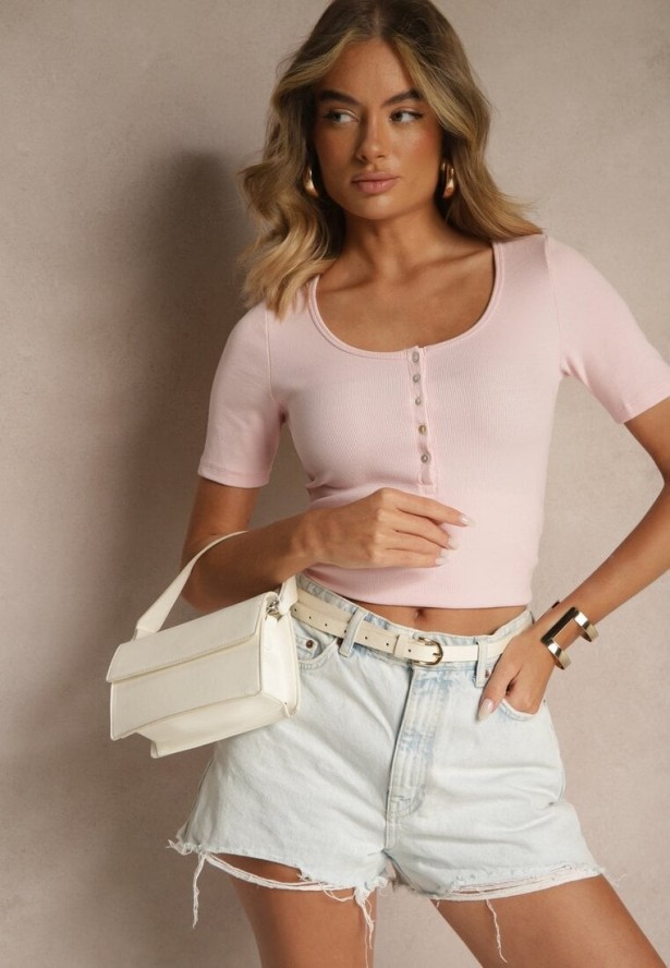 Różowy Bawełniany T-shirt Prążkowany z Guzikami Florvivi