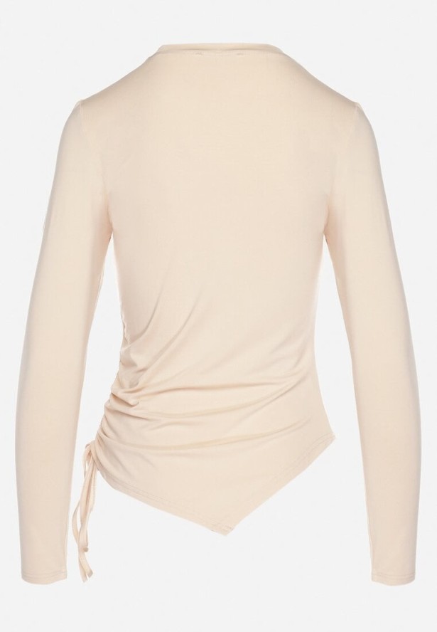 Beżowa Asymetryczna Bluzka z Wiskozą z Długim Rękawem i Ściągaczem Zeilane