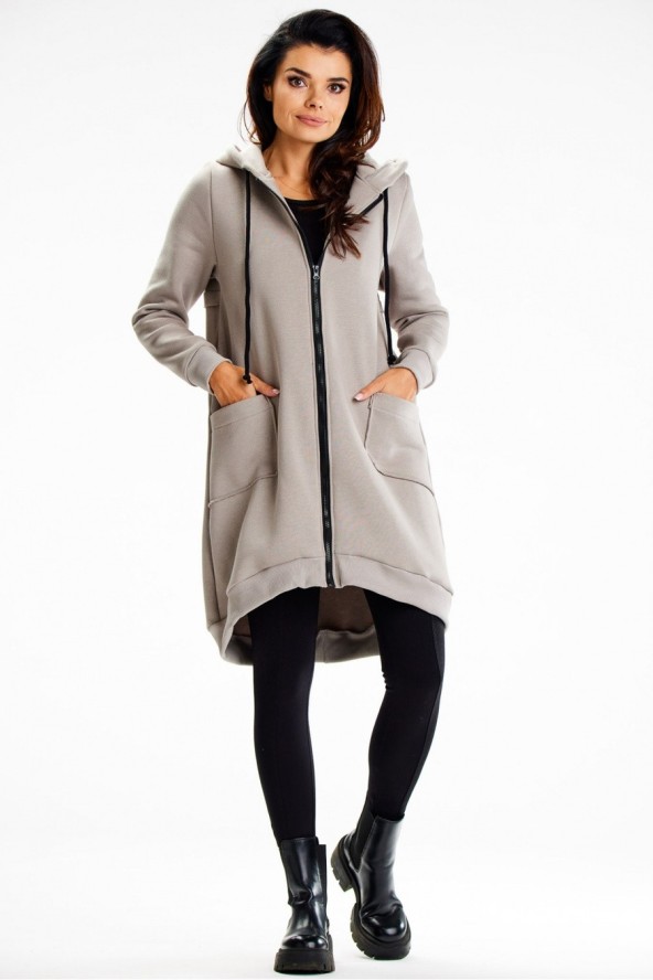 Długa bluza damska z kapturem i kieszeniami szary