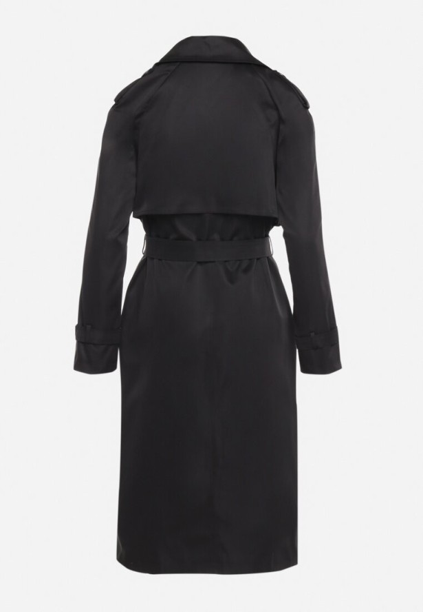 Czarny Długi Płaszcz Trencz o Klasycznym Fasonie z Paskiem Nasde