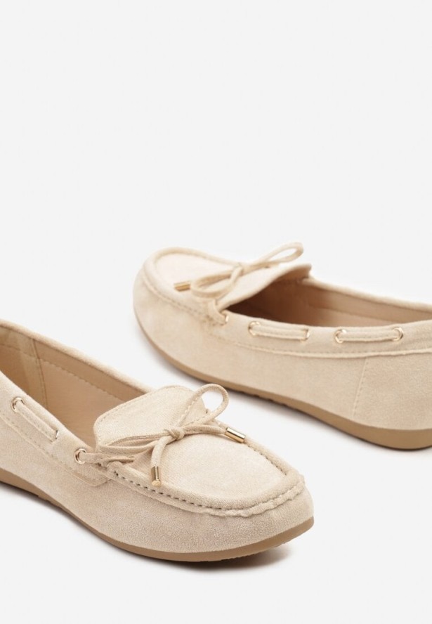 Beżowe Mokasyny z Imitacji Zamszu z Wiązaną Kokardą Sonarilia
