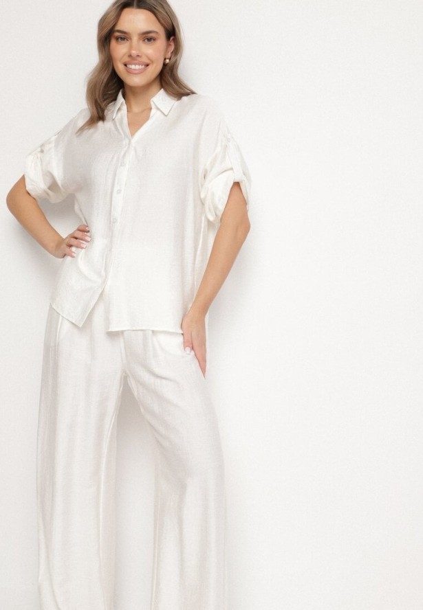 Biały Komplet z Wiskozy Koszula z Podpinanymi Rękawami i Szerokie Spodnie Dormoi
