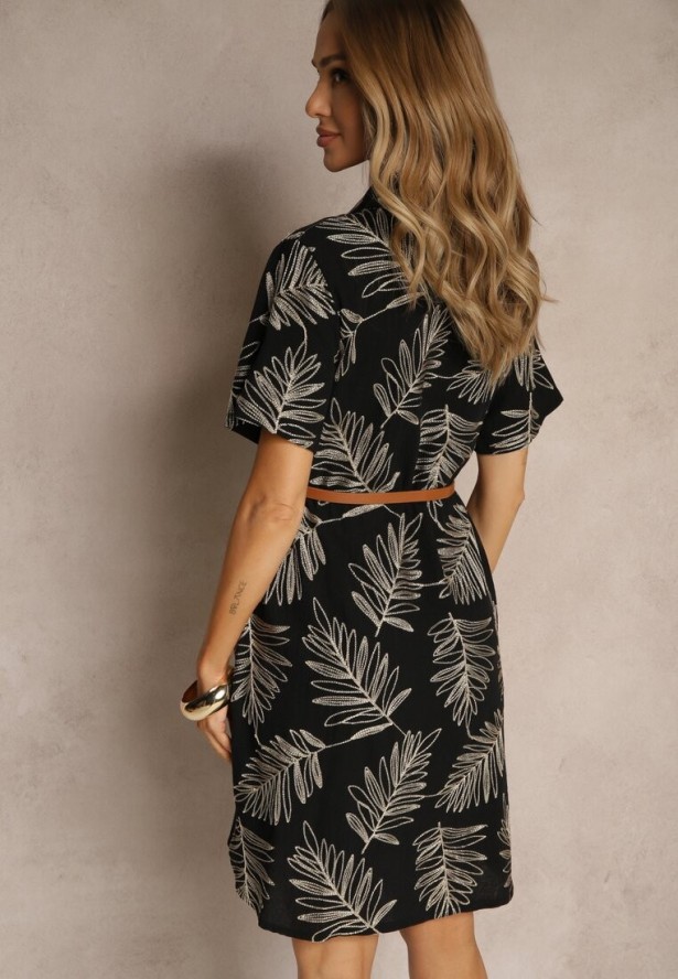 Czarna Bawełniana Sukienka Koszulowa z Paskiem i Motywem Liści Paredia