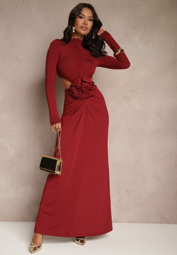 Bordowa Koktajlowa Sukienka z Wiskozą Ozdobiona Kwiatem 3D i Wycięciami Hannith