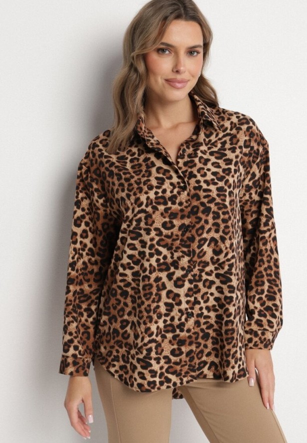 Brązowa Panterkowa Koszula z Bawełną z Regulowanymi Rękawami Nlinntia
