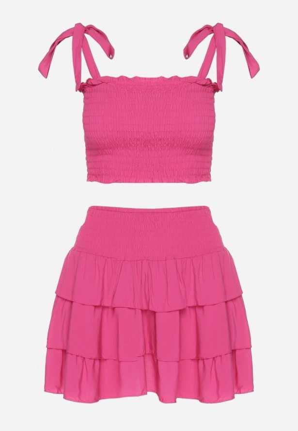 Fuksjowy Bawełniany Komplet Top z Kokardami i Spódnica z Falbanami Saralva