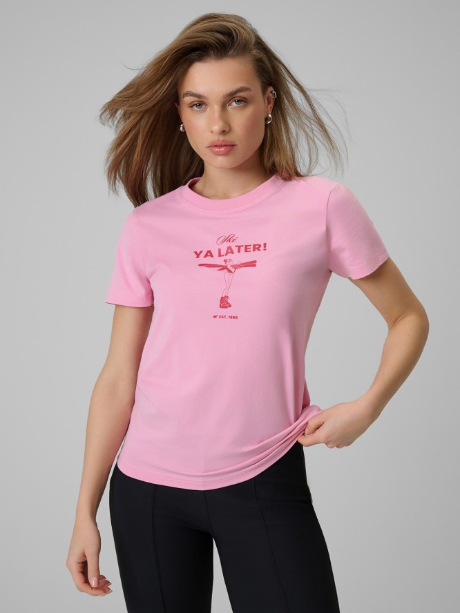 4F T-shirt regular z nadrukiem damski - różowy S