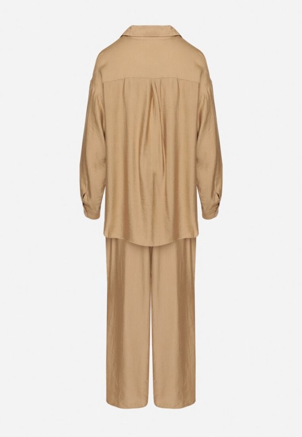 Ciemnobeżowy Wiskozowy Komplet z Koszulą i Spodniami o Szerokim Kroju Eleaviana