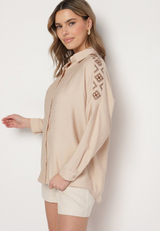 Beżowa Koszula Ozdobiona Haftem Ulosandria