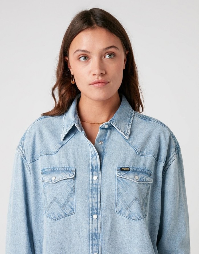 WRANGLER DENIM WESTERN DRESS DAMSKA SUKIENKA LIGHT INDIGO W9P6LWX4E 112132456