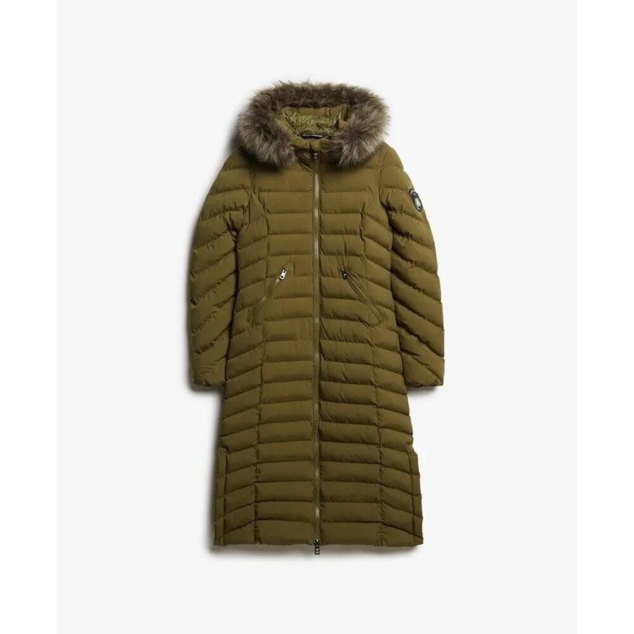 Długa kurtka z kapturem z sztucznego futra dla kobiet Superdry Fuji