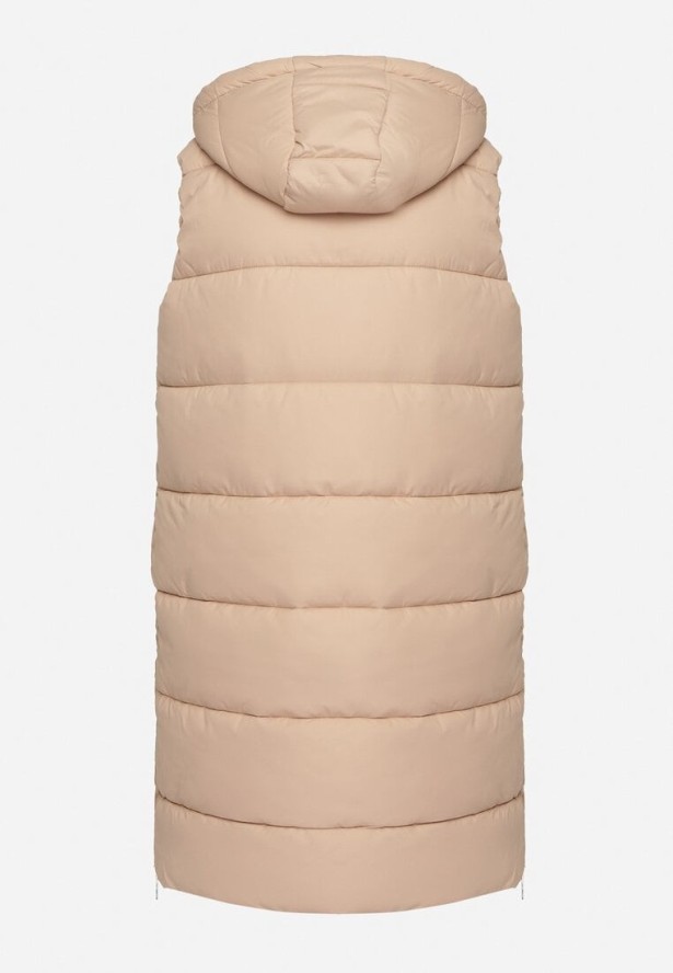 Ciemnobeżowa Pikowana Kamizelka z Kapturem i Sznurkami Zelothis