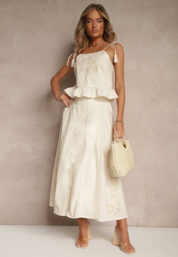 Beżowa Bluzka z Bawełny z Falbanką Haftami i Frędzlami Milunissa