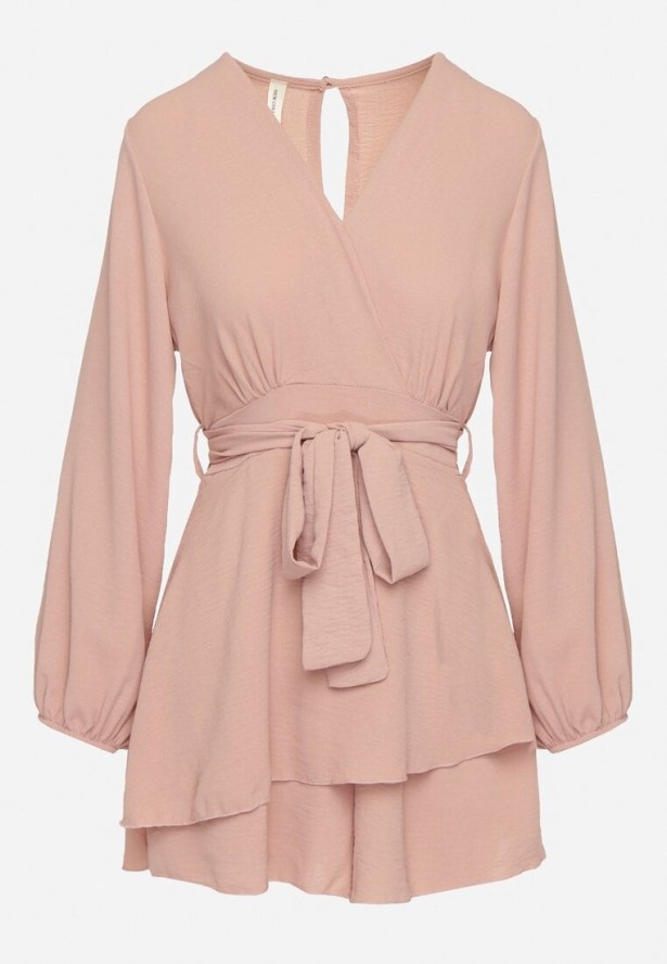 Ciemnoróżowa Kopertowa Sukienka Kombinezon Mini z Falbanką Bomina