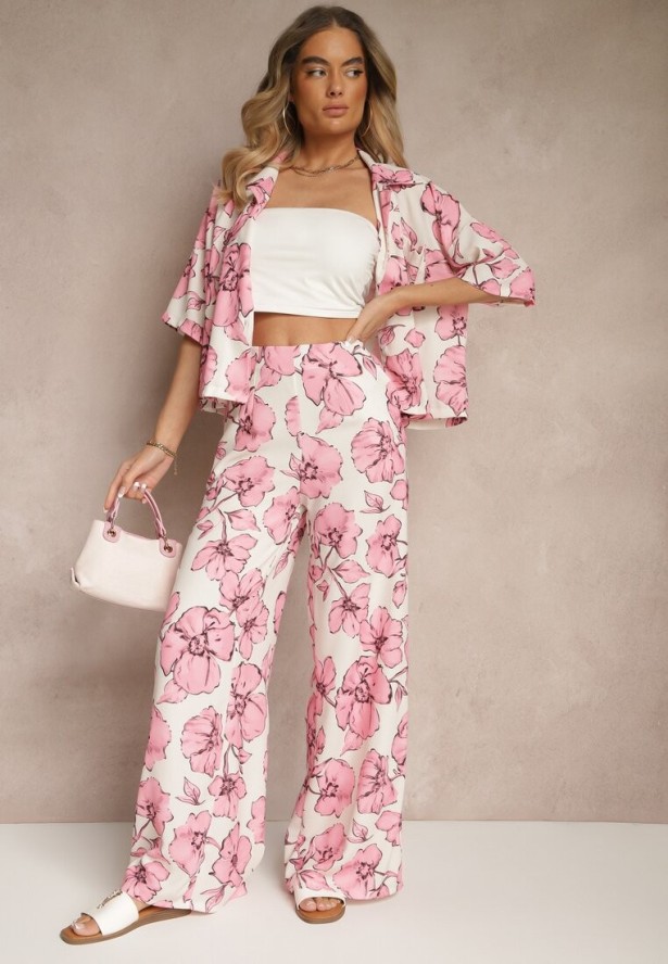 Różowy Komplet w Kwiaty Koszula z Krótkim Rękawem i Szerokie Spodnie Revanae