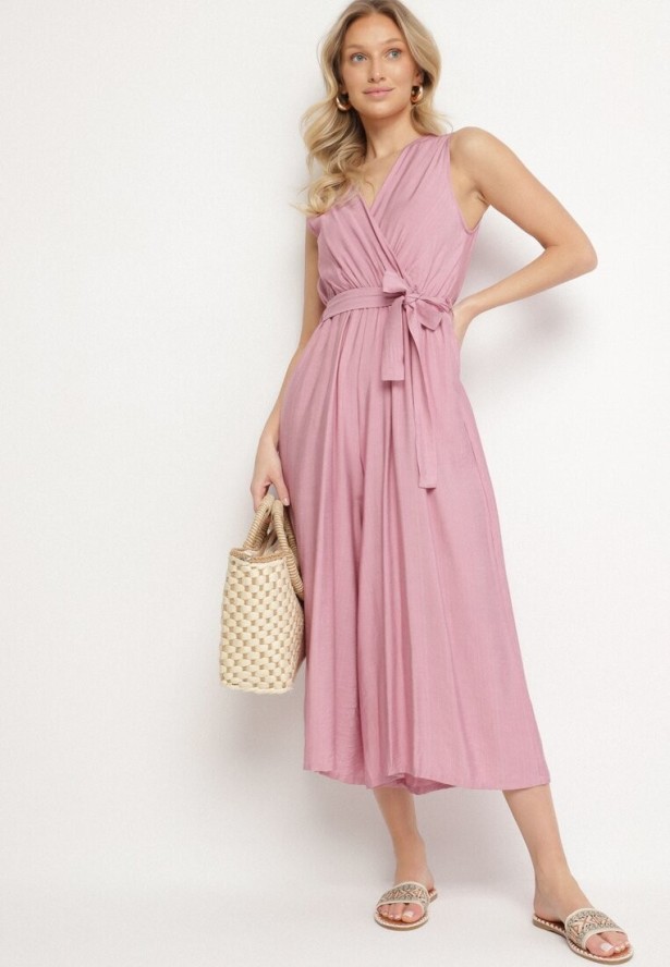 Fioletowy Taliowany Kombinezon z Wiskozą i Paskiem Evithrae