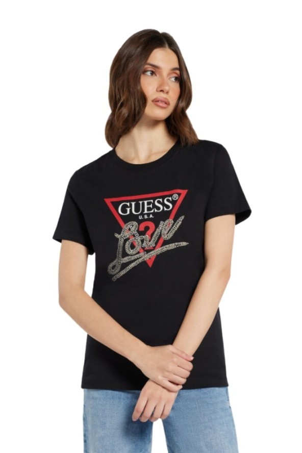 GUESS Czarny damski t-shirt bawełniany Love Tee, Rozmiar XS