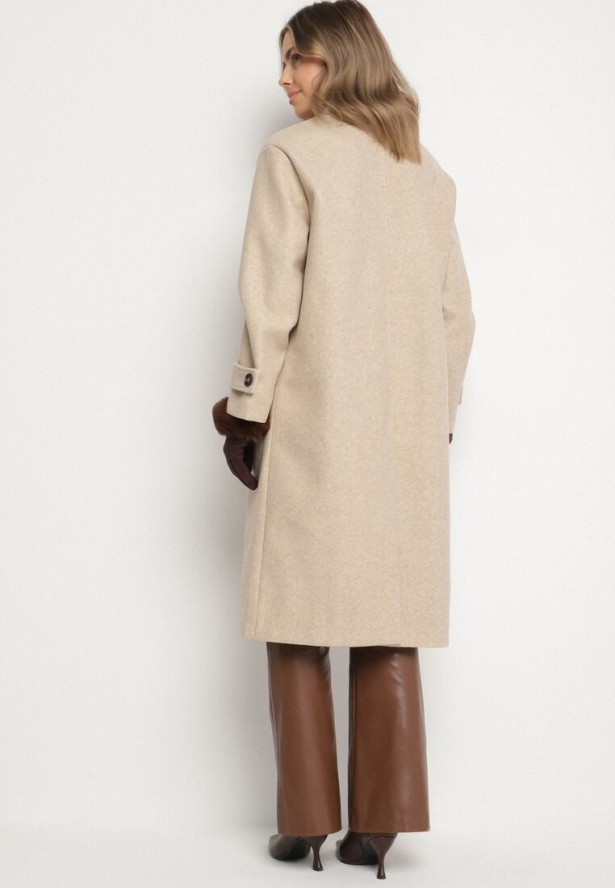 Beżowy Dwurzędowy Płaszcz Oversize z Wełny i Wiskozy w Eleganckim Stylu Tiliavia
