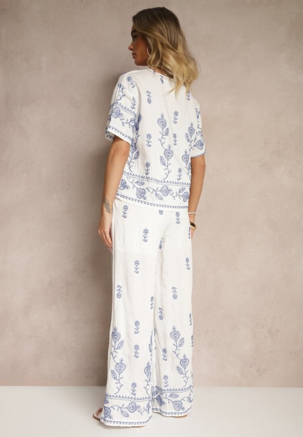 Biały Wiskozowy Komplet z Ozdobnym Haftem Koszulka i Spodnie o Szerokim Kroju Tealenea