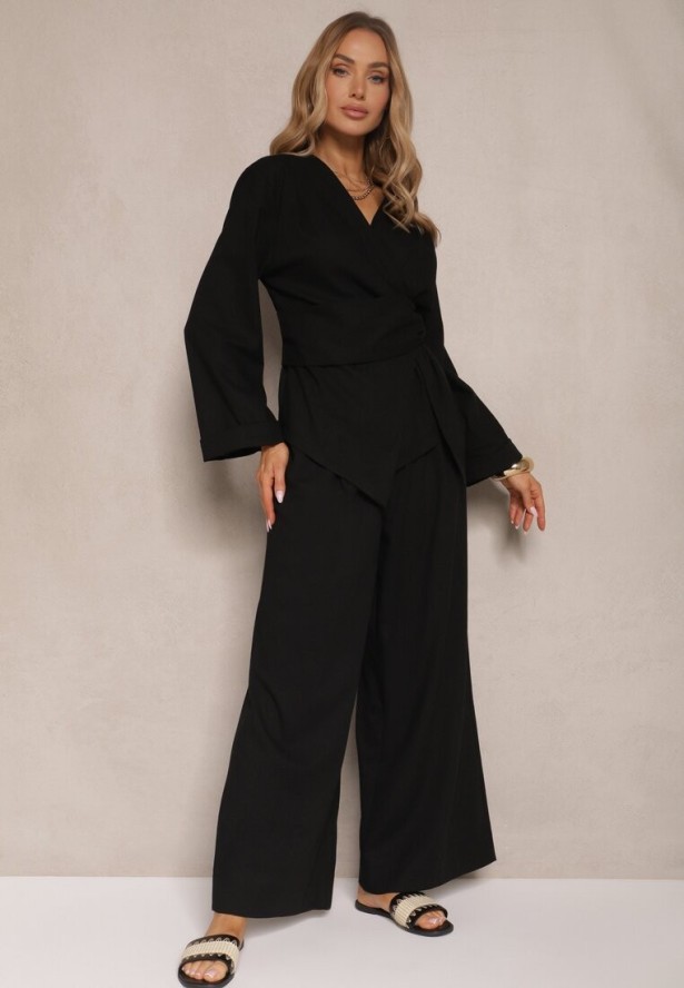 Czarny Komplet z Lnem Spodnie i Bluzka o Kopertowym Kroju Korinoria