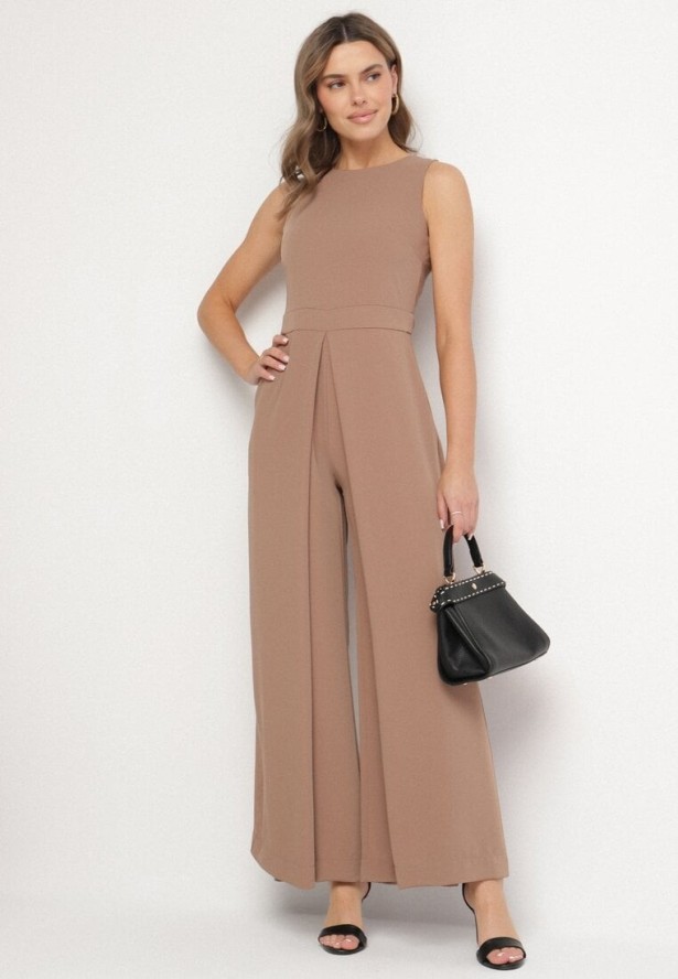 Ciemnobeżowy Kombinezon Bez Rękawów z Szerokimi Nogawkami i Kieszeniami Veleldia