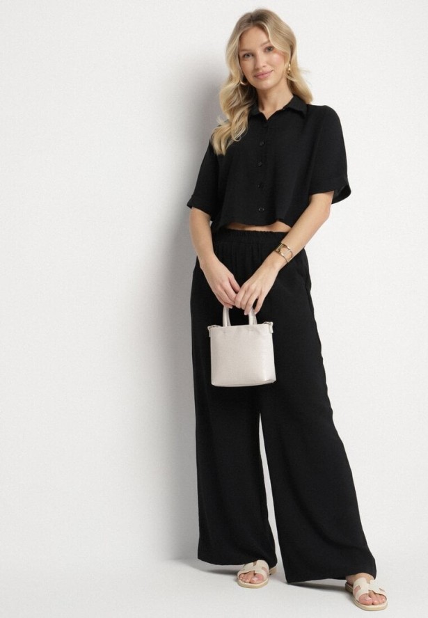 Czarny Komplet z Szerokimi Spodniami i Krótką Koszulą z Krótkim Rękawem Mirtebia