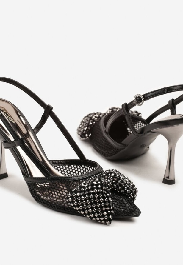 Czarne Sandały Siateczkowe Vices na Szpilce Zdobione Kokardą i Cekinami Reandra