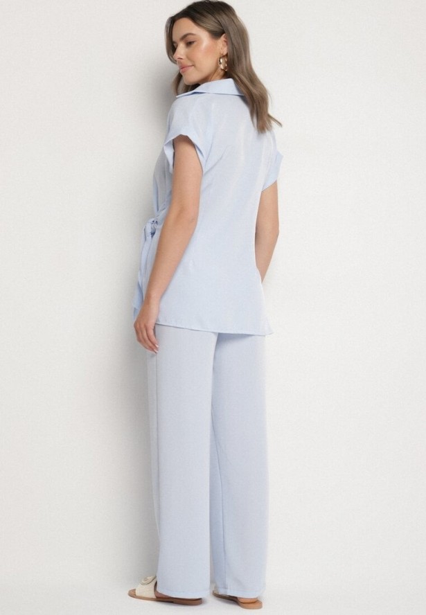 Niebieski Komplet Koszula z Asymetrycznym Wiązaniem i Szerokie Spodnie Filivara