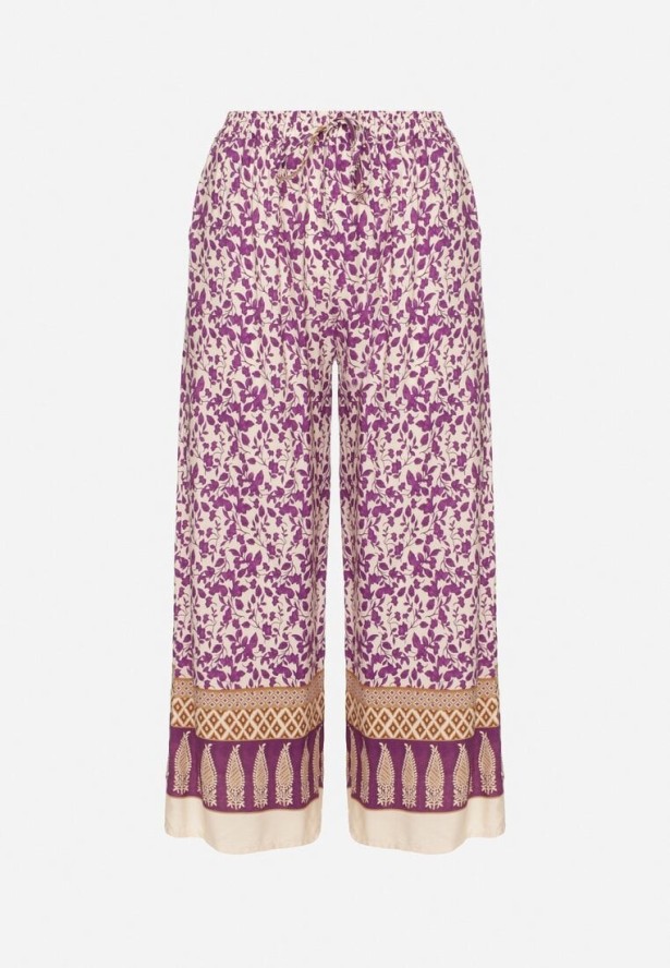 Fioletowe Bawełniane Spodnie z Wysokim Stanem o Długości 7/8 ze Wzorem Boho Lisavinea