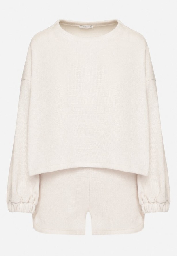 Jasnobeżowy Dzianinowy Komplet Bluza i Szorty Novanisa