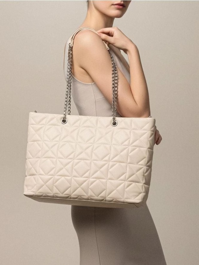 Pikowana torebka shopper - kremowy