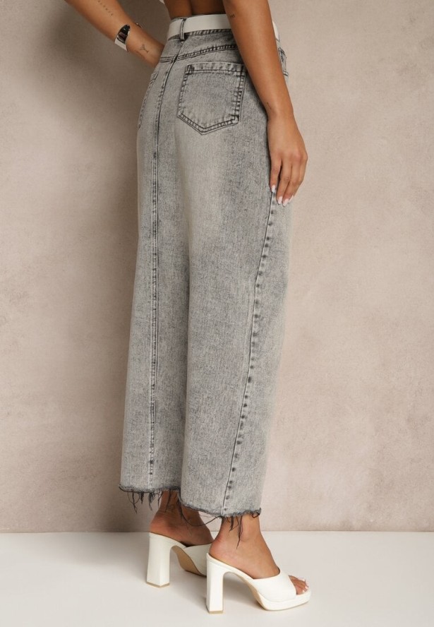 Ciemnoszara Spódnica Jeansowa o Ołówkowym Kroju Zdobiona Rozcięciem Lisovira