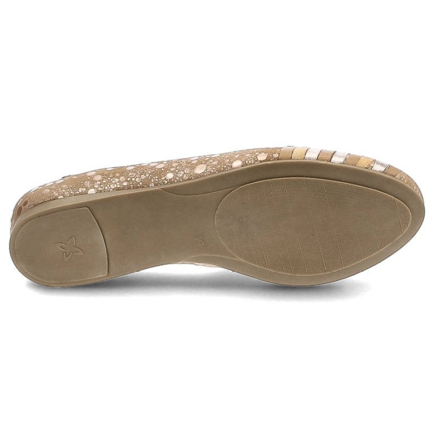 Baleriny damskie Maciejka, ze skórzaną cholewką przeplataną aplikacją na nosku miękką podeszwą i dekoracyjnymi frędzlami, miedziane, 04016-32-00-5