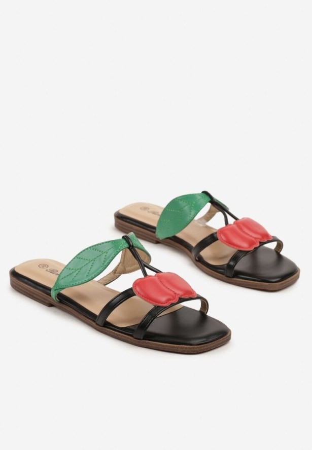 Czarne Klapki Ozdobione Aplikacją Wiśni Fadeesa