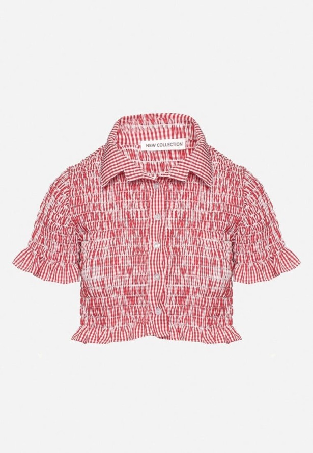 Czerwona Elastyczna Koszula w Kratkę Vichy o Krótkim Kroju Sovzeri