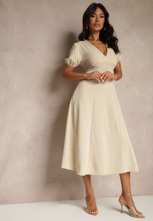 Beżowa Rozkloszowana Sukienka Koktajlowa Ozdobiona Wiązaniem Ziverine