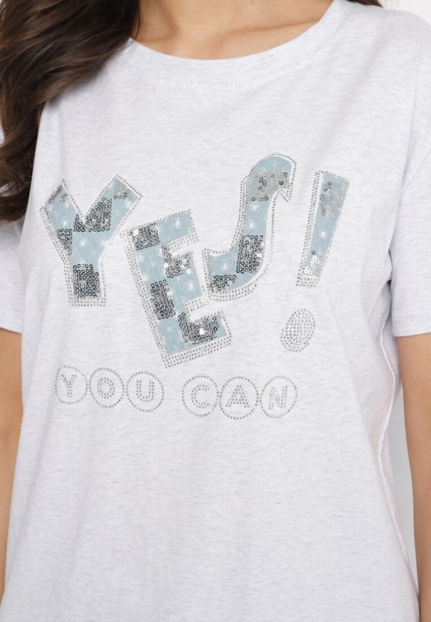 Jasnoszary T-shirt z Bawełny Ozdobiony Cekinami i Cyrkoniami Camiren