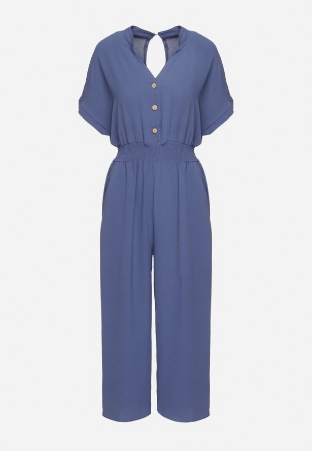 Granatowy Wiskozowy Kombinezon o Taliowanym Kroju z Szerokimi Nogawkami Delsea