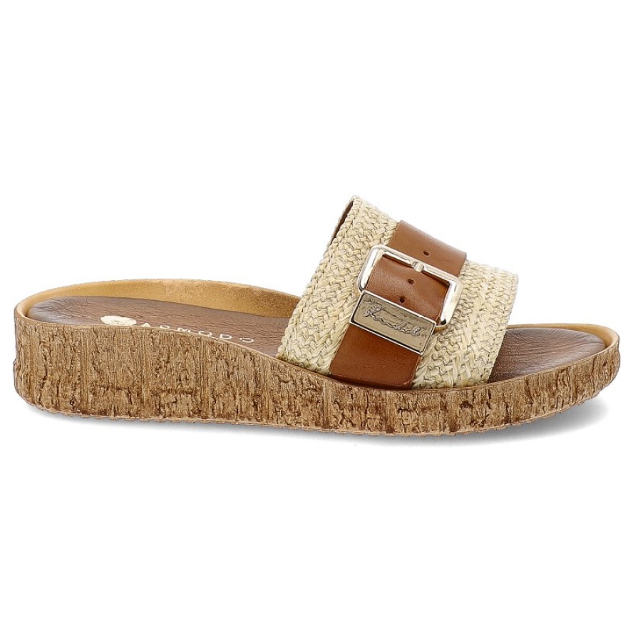 Klapki damskie Armodo, na platformie skórzane z ozdobną sprzączką wygodne, słomkowe brązowe, 40444