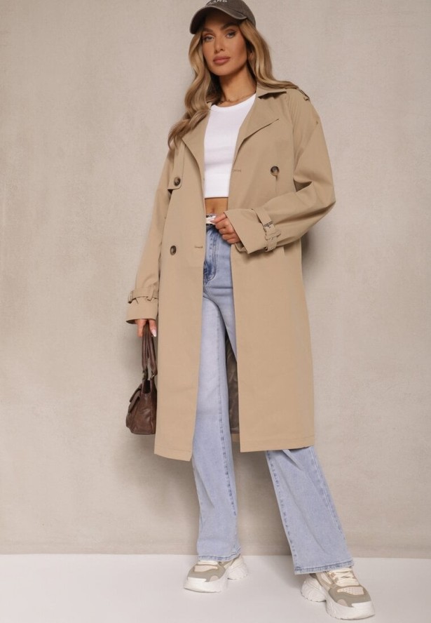 Ciemnobeżowy Dwurzędowy Płaszcz Typu Trencz z Pagonami i Paskiem w Talii Malwizia