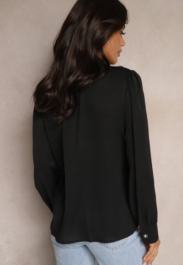 Czarna Elegancka Koszula z Cyrkoniami Falbanami i Biżuteryjnymi Guzikami Delthra