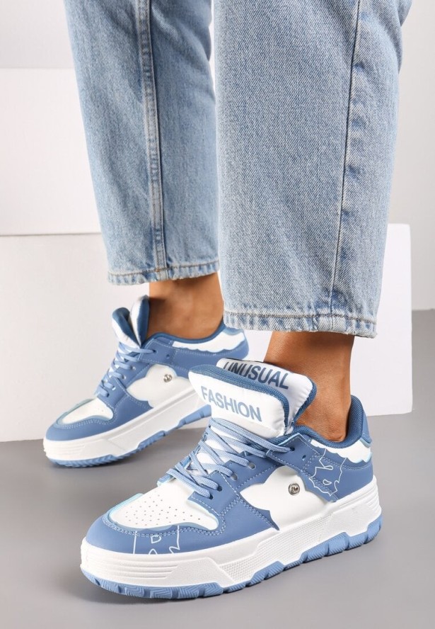 Niebieskie Płaskie Sznurowane Sneakersy z Napisami Friefra