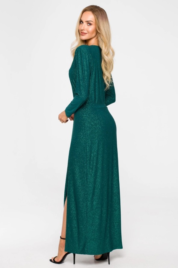 Suknia wieczorowa z rozcięciem długi rękaw butelkowa zieleń