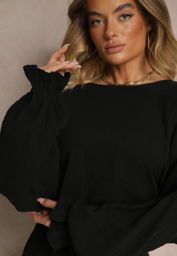 Czarna Bawełniana Bluzka Typu Nietoperz z Wiązaniem Sepionna