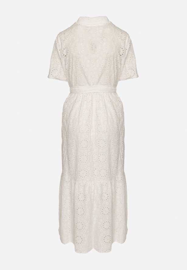 Biała Bawełniana Sukienka Koszulowa z Wiązanym Paskiem Zdobiona Haftem Efriselle