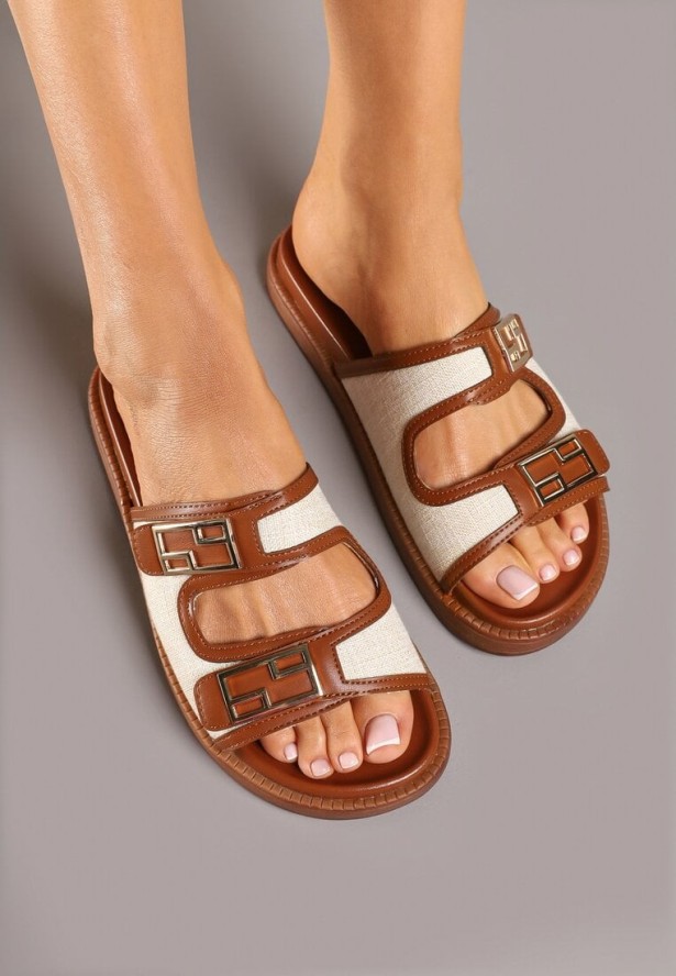 Brązowo-Beżowe Klapki z Metaliczną Ozdobą Tolirissa