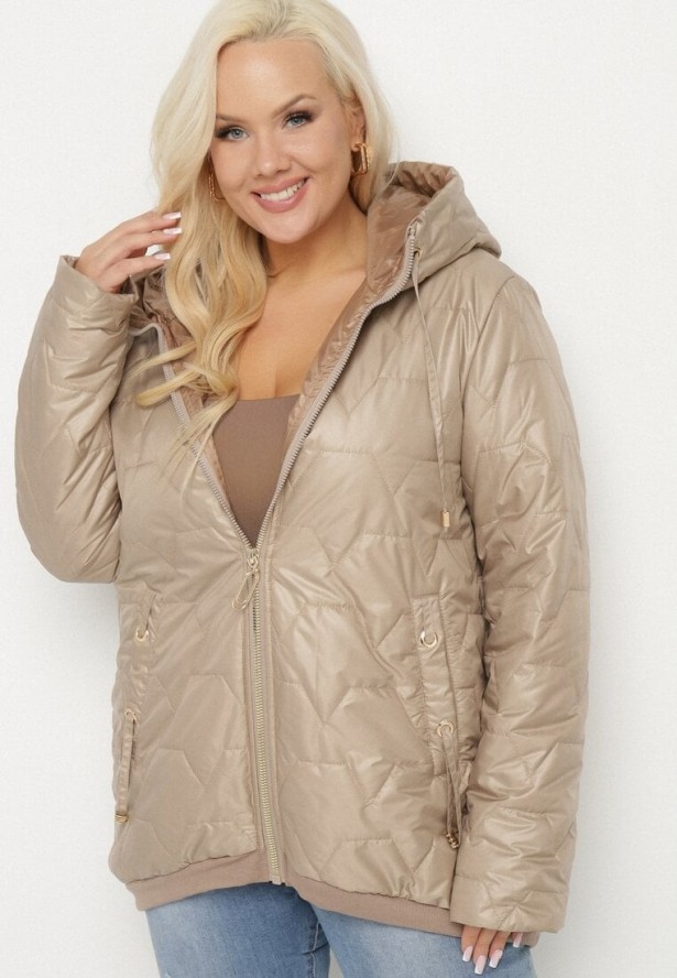 Ciemnobeżowa Kurtka Pikowana o Pudełkowym Kroju z Kapturem Nusolea