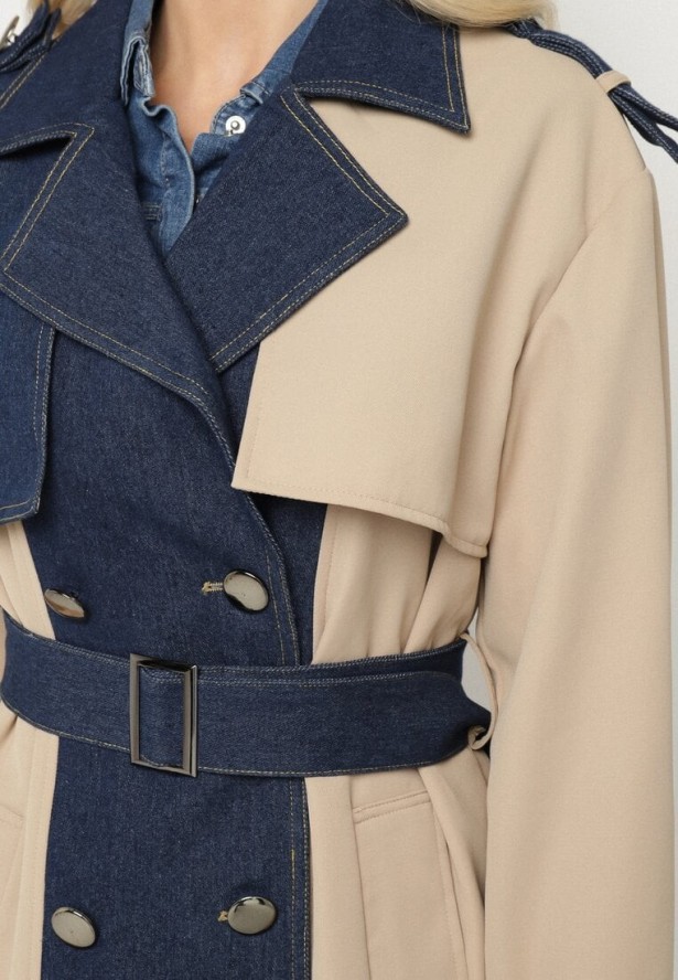 Niebieski Płaszcz Trencz z Bawełną Ozdobiony Jeansowymi Wstawkami Tirsedi