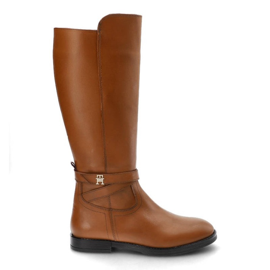 Brązowe Kozaki Damskie Tommy Hilfiger Eleganckie Skórzane Buty