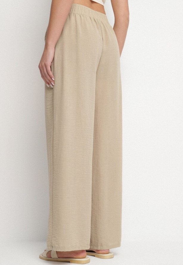 Beżowe Spodnie o Szerokim Kroju Palazzo z Wysokim Stanem i Wiązaniem Araloria